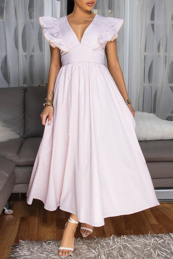 Chic V Neck Ruffle Sleeves Stripes Dress