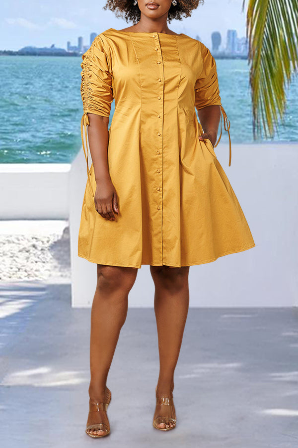 Stylish Adjustable Ruch Sleeves Boat Neck Dress