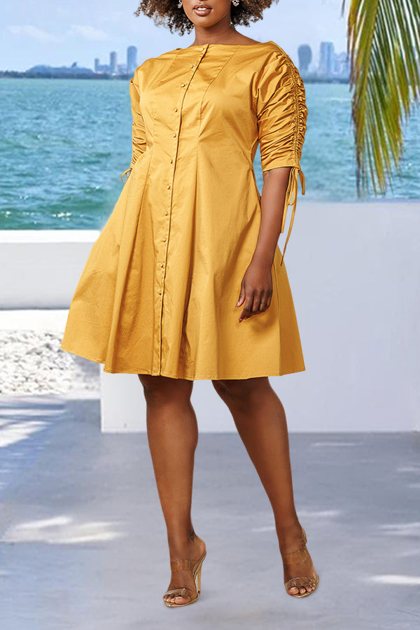 Stylish Adjustable Ruch Sleeves Boat Neck Dress