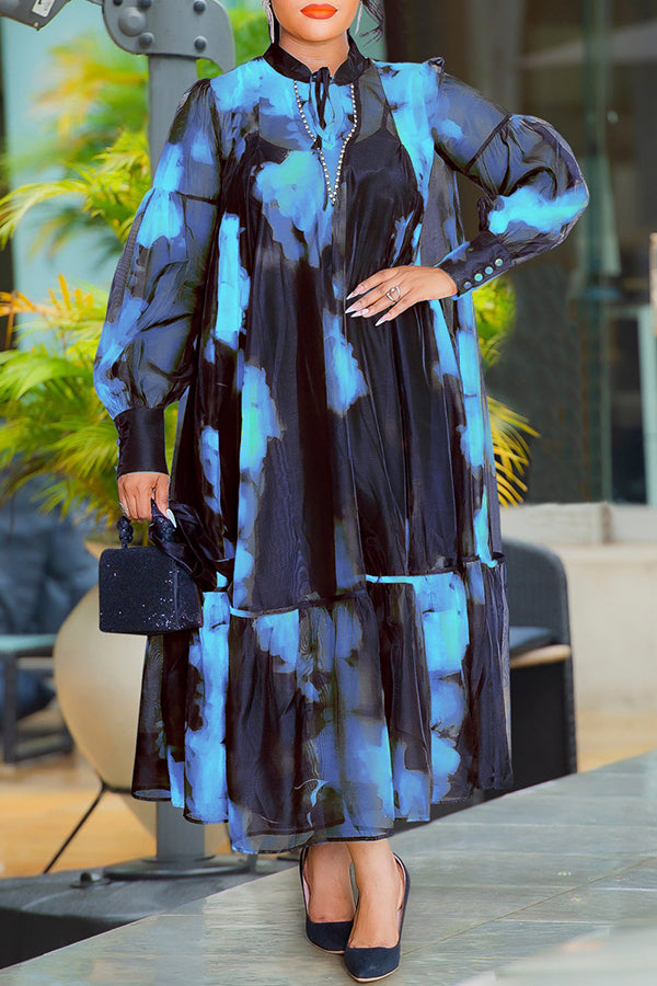 Stylish Lantern Sleeves Graphic Print Belted Dress