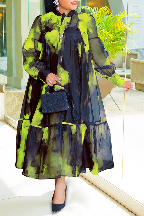 Stylish Lantern Sleeves Graphic Print Belted Dress