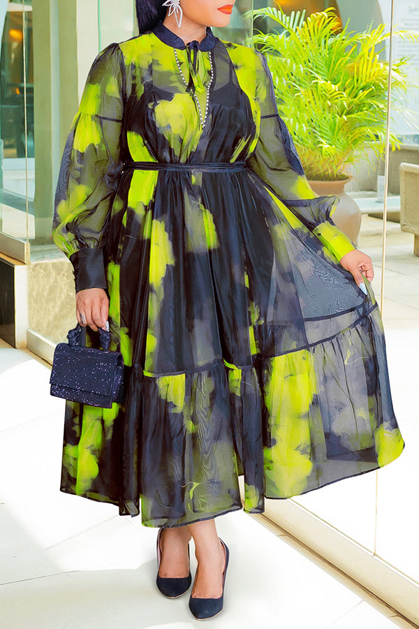 Stylish Lantern Sleeves Graphic Print Belted Dress