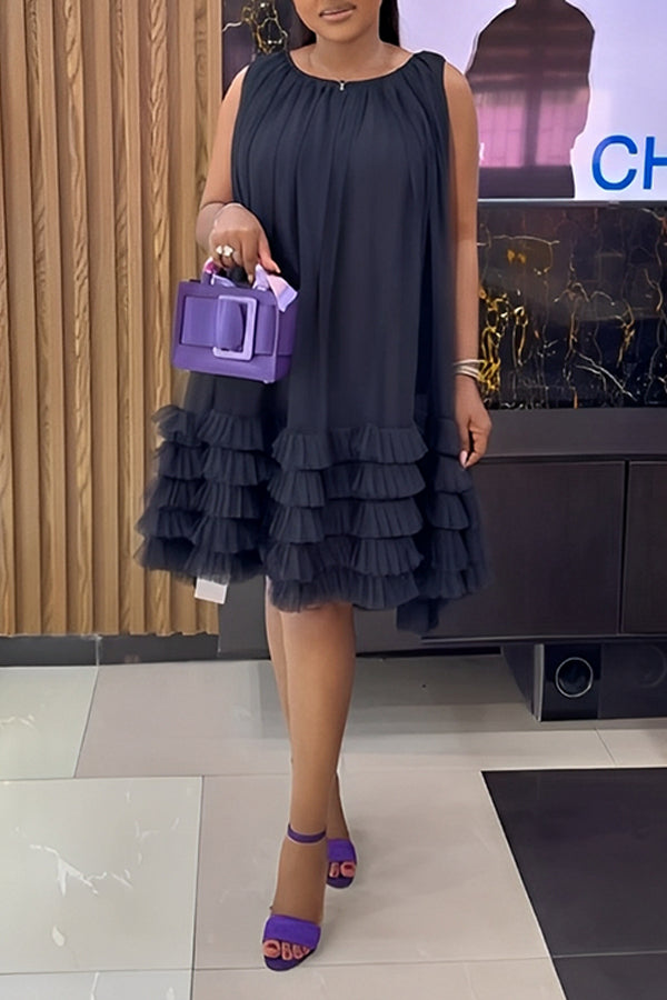 Stylish Sleeveless Mesh Layered Hem Dress