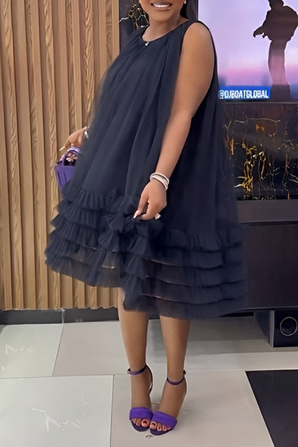 Stylish Sleeveless Mesh Layered Hem Dress