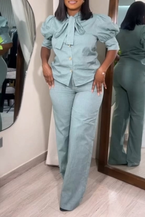 Elegant Bow Collar & Straight Pants Set