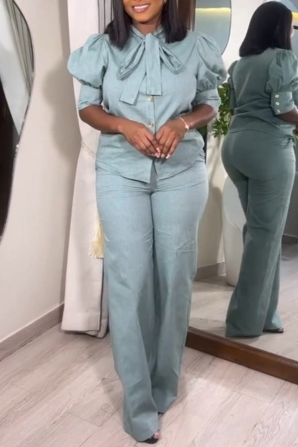 Elegant Bow Collar & Straight Pants Set