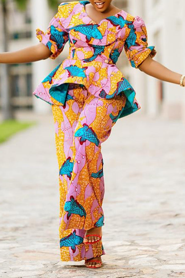 Retro Printed Ruffled Hem Top & Pants Set