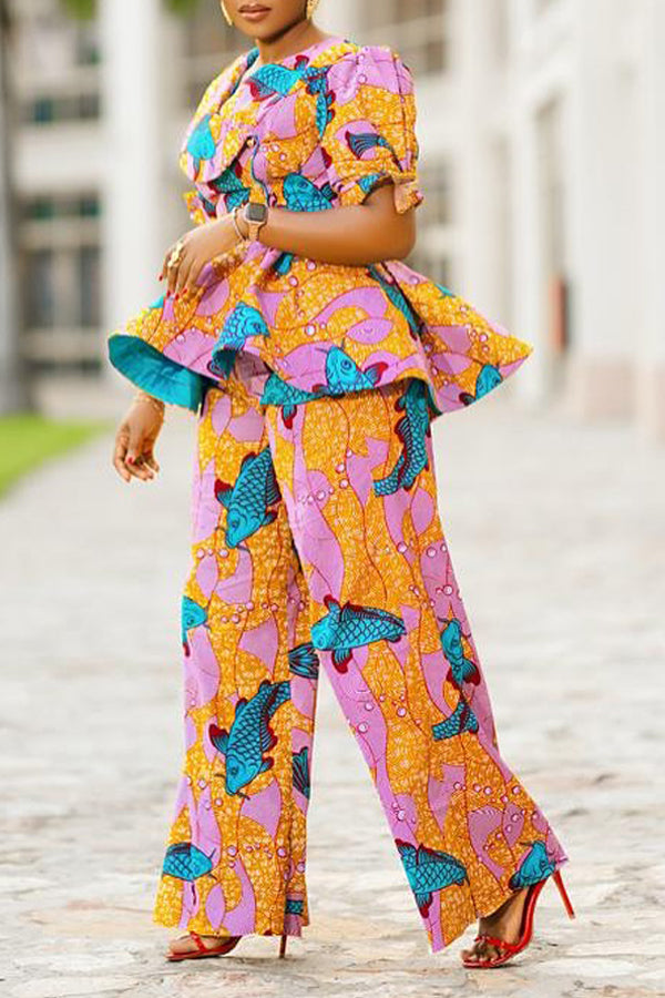 Retro Printed Ruffled Hem Top & Pants Set
