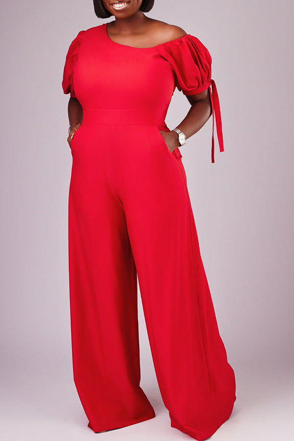 Chic Oblique Neck Tie Cuffs Jumpsuit