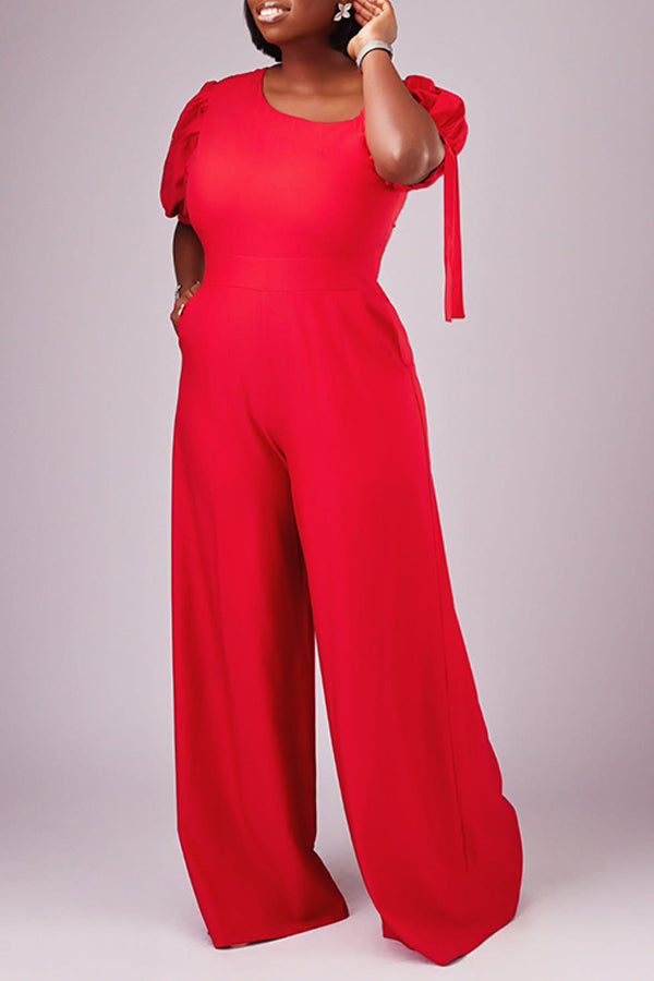 Chic Oblique Neck Tie Cuffs Jumpsuit