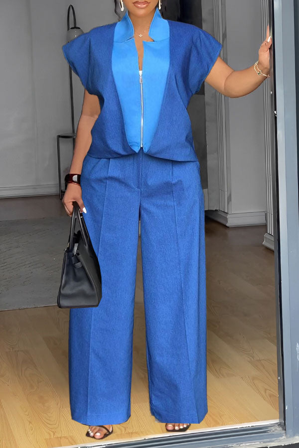Unique Design Denim Color Block Pants Set
