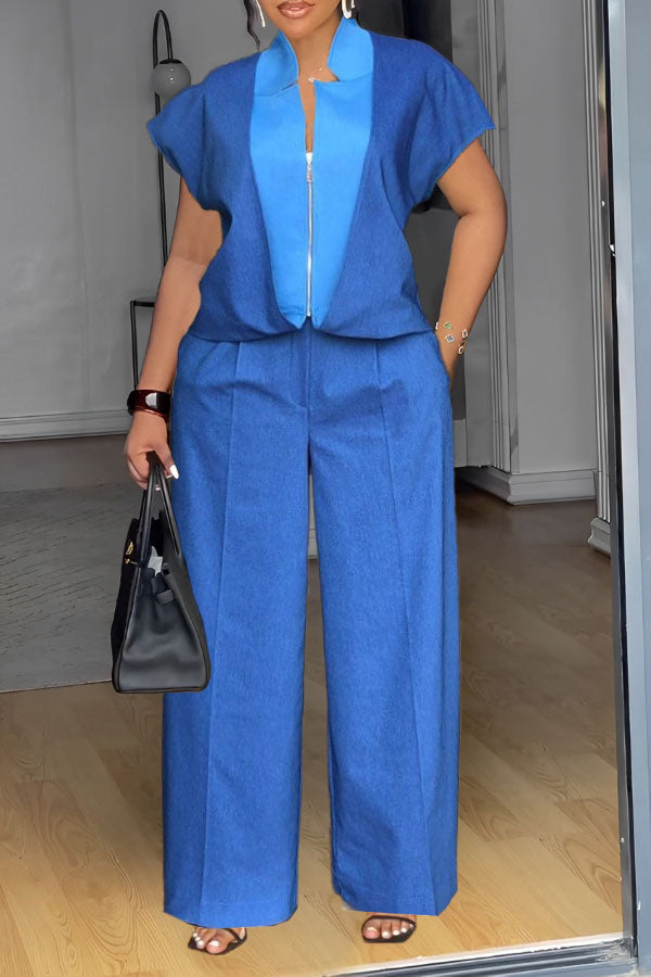 Unique Design Denim Color Block Pants Set