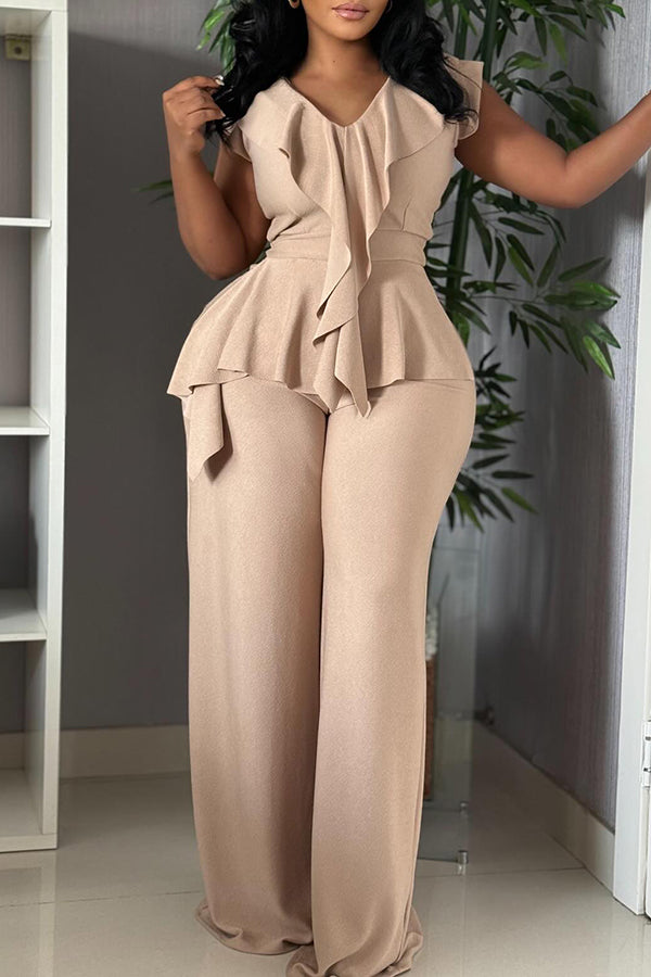 Elegant Ruffled Embellished Top & Pants Set