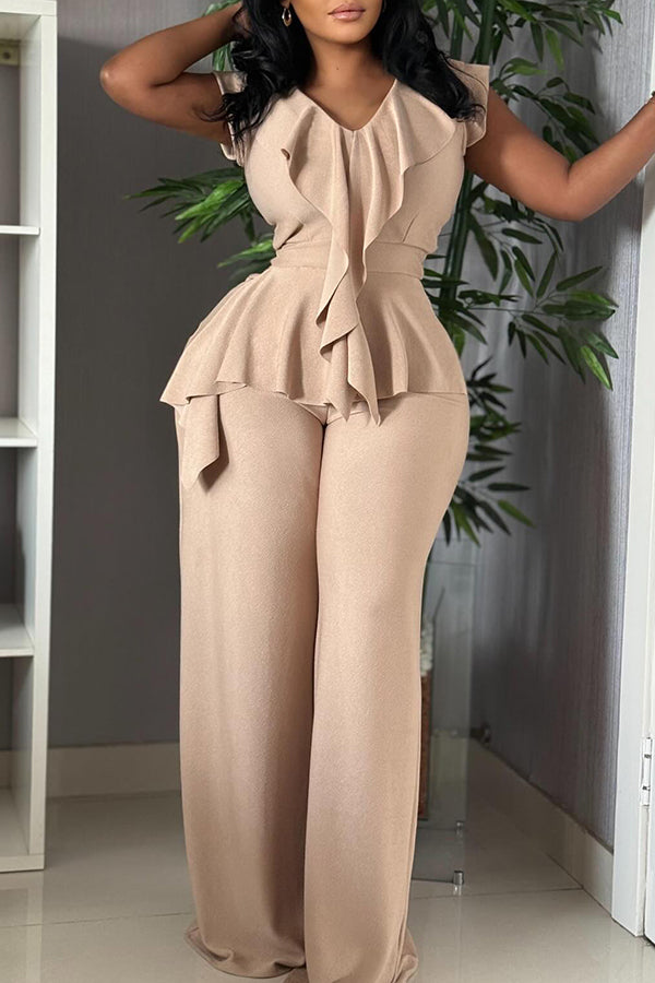 Elegant Ruffled Embellished Top & Pants Set
