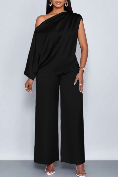 Elegant Satin Oblique Neck Top & Pants Set