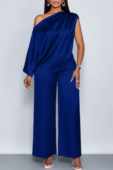 Elegant Satin Oblique Neck Top & Pants Set