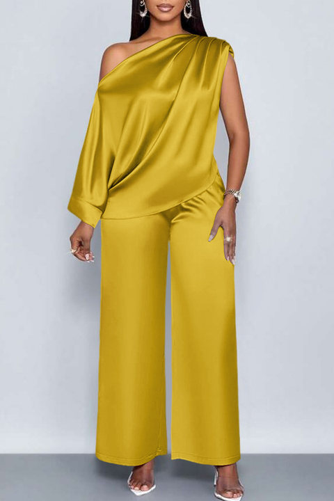Elegant Satin Oblique Neck Top & Pants Set