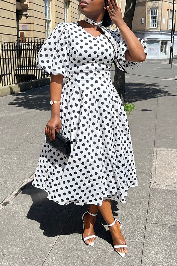Stylish Puff Sleeve Polka Dot Print Dress