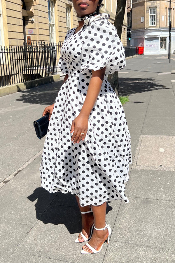 Stylish Puff Sleeve Polka Dot Print Dress