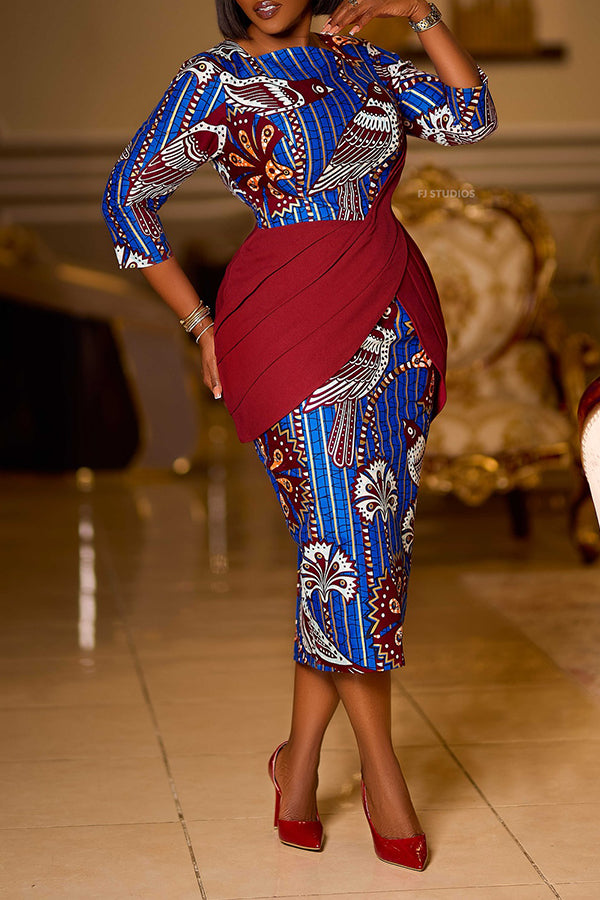 Vintage Petal Waist Bird Print Dress