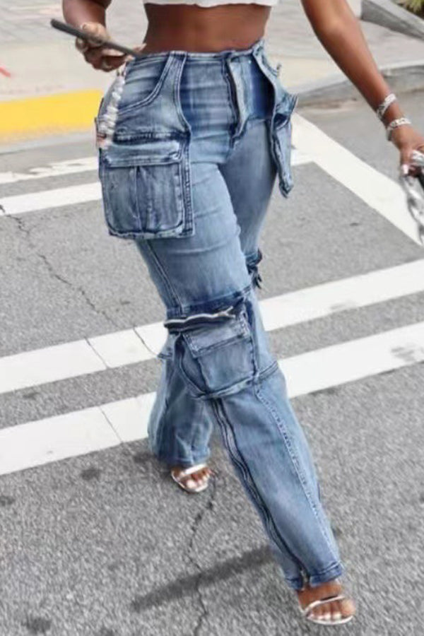 Casual Patchwork Multi-Pocket Accordion Jeans