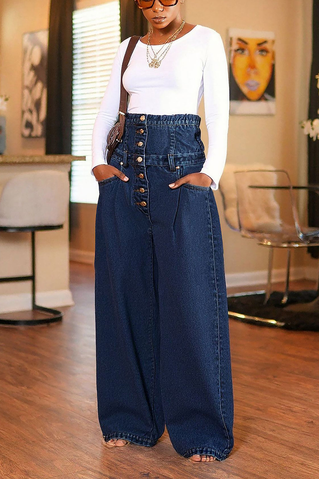 Fashion High Waisted Multi Breasted Wide Leg Jeans*