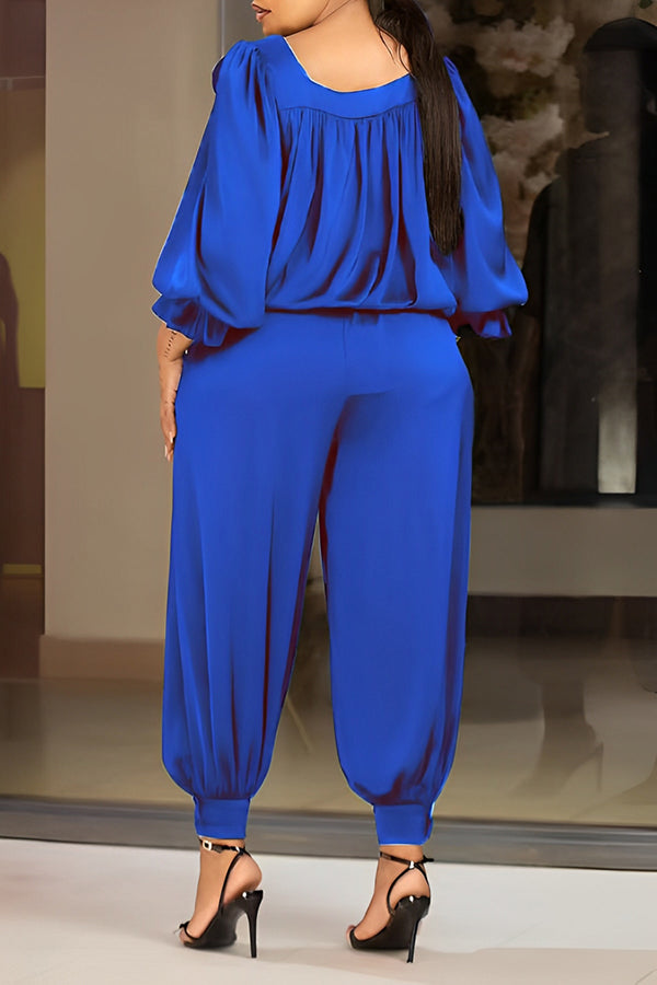 Casual Lantern Sleeve Flower Top & Pants Set