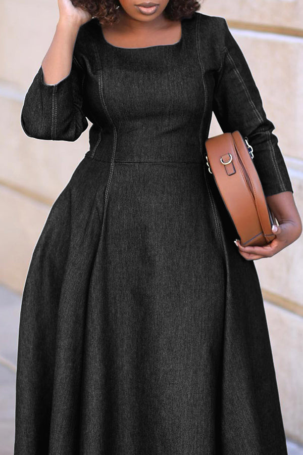 Vintage Square Neck Denim A-line Dress