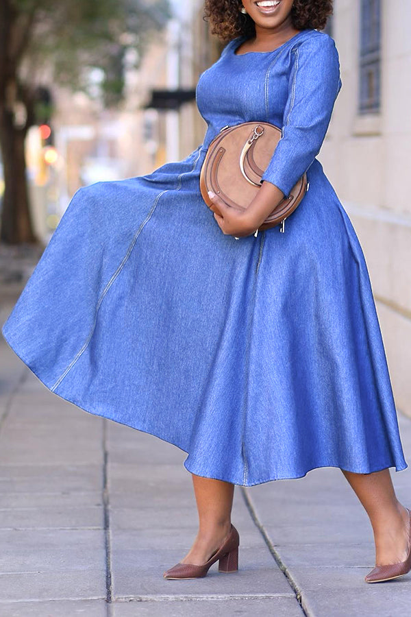 Vintage Square Neck Denim A-line Dress