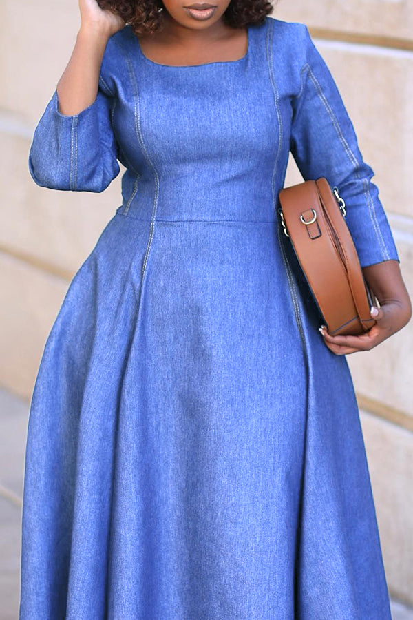 Vintage Square Neck Denim A-line Dress