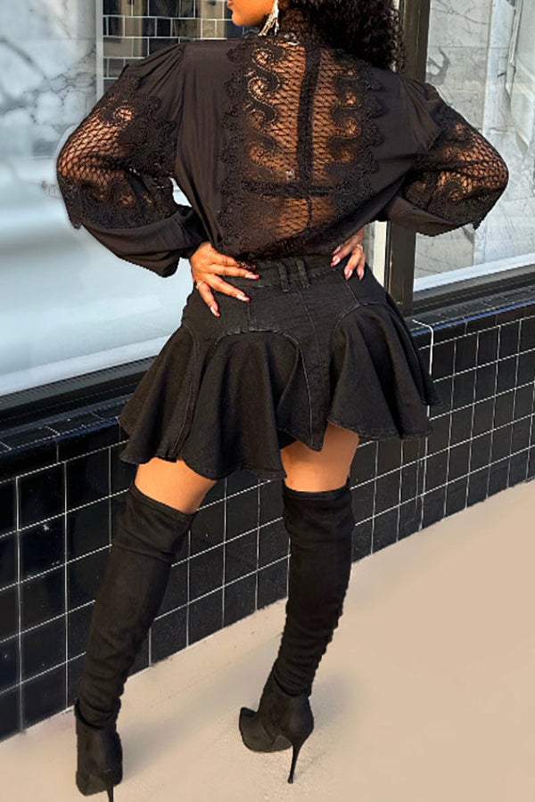 Sexy Lace Panel Solid Top