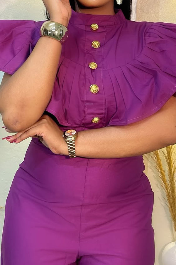 Elegant Gold Buttons Fitted Jumpsuit 