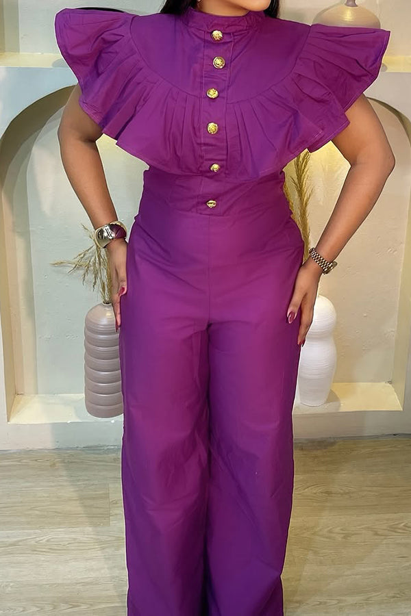 Elegant Gold Buttons Fitted Jumpsuit 