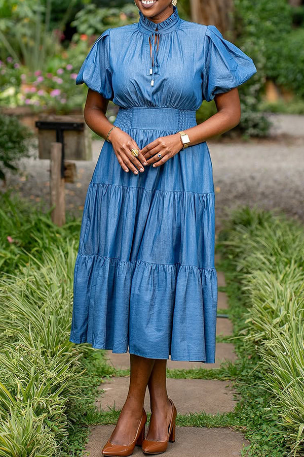 Vintage Puff Sleeve Ruffle Hem Midi Dress