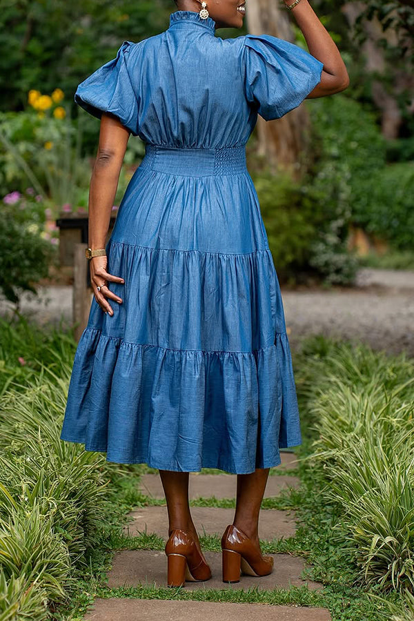 Vintage Puff Sleeve Ruffle Hem Midi Dress