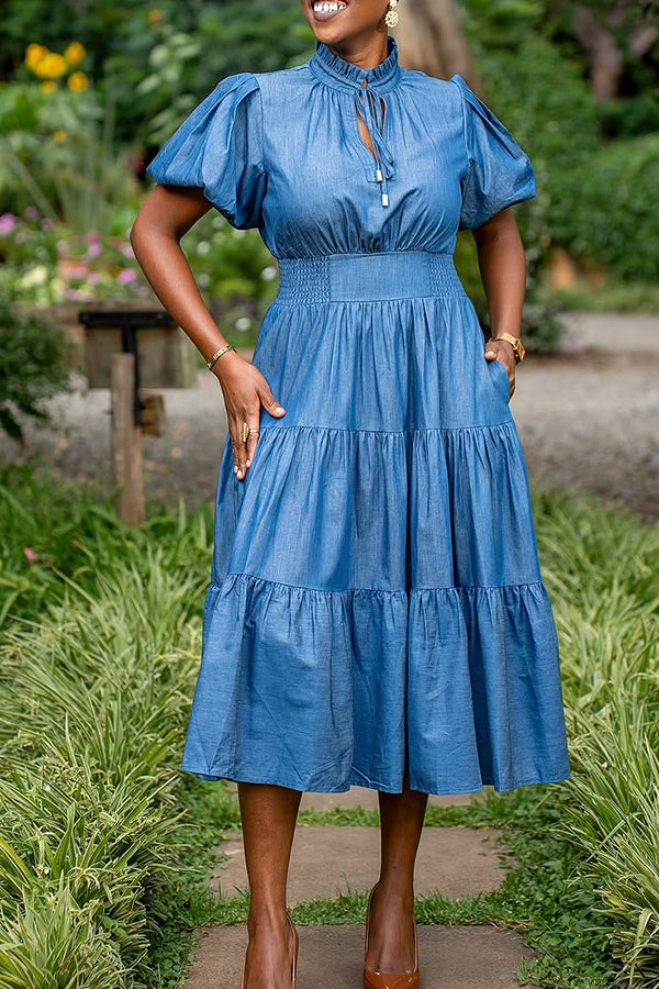 Vintage Puff Sleeve Ruffle Hem Midi Dress
