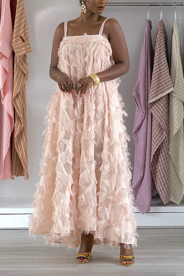 Unique Loose Feather Chiffon Maxi Dress