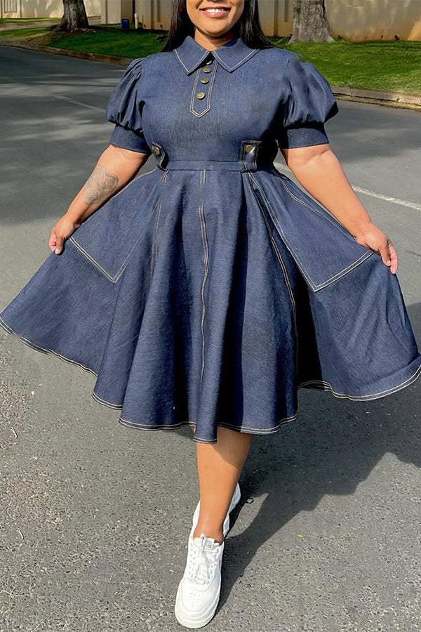 Vintage Patched Pocket Denim A-line Dress