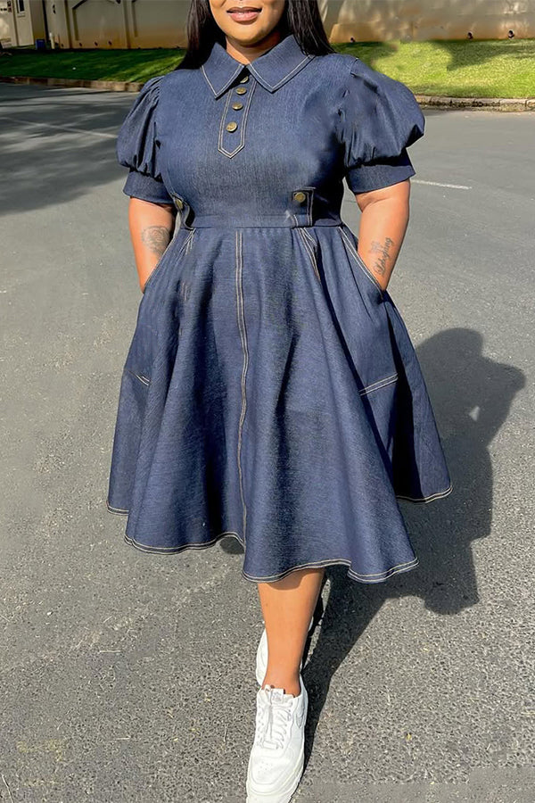 Vintage Patched Pocket Denim A-line Dress