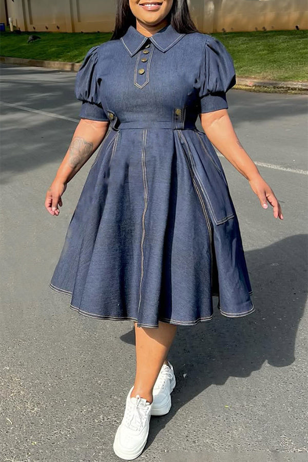 Vintage Patched Pocket Denim A-line Dress