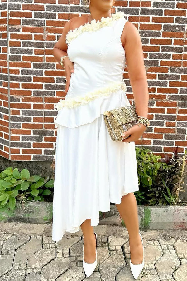 Elegant Guipure Pleated Asymmetrical Hem Midi Dress