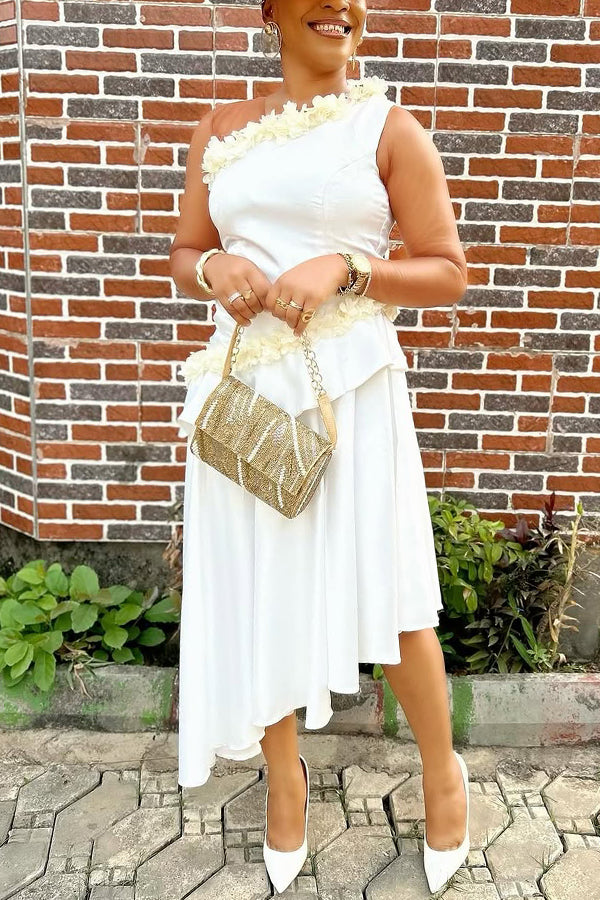 Elegant Guipure Pleated Asymmetrical Hem Midi Dress
