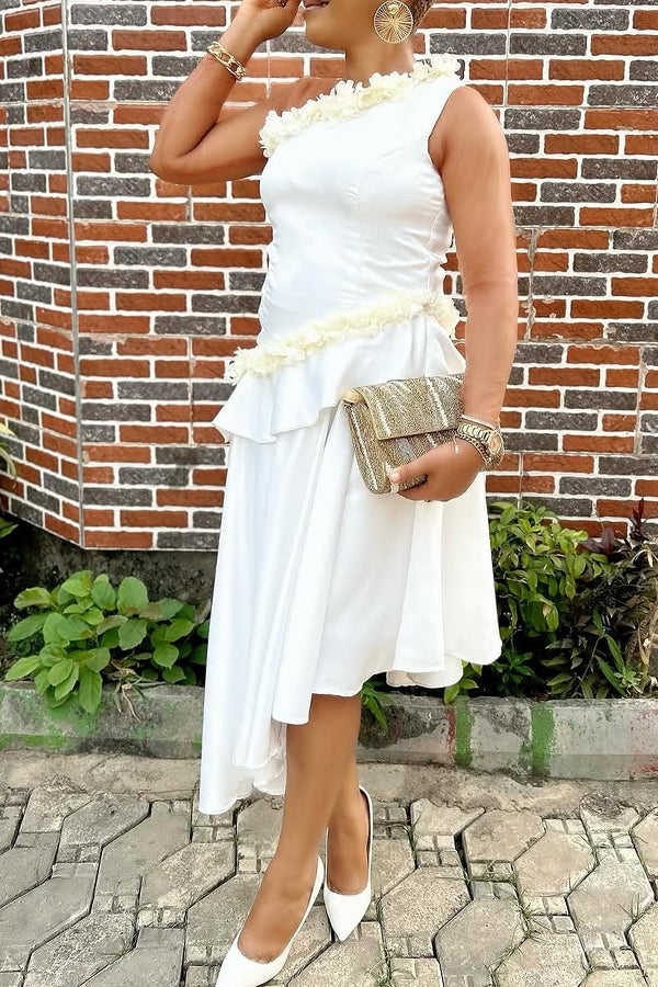 Elegant Guipure Pleated Asymmetrical Hem Midi Dress