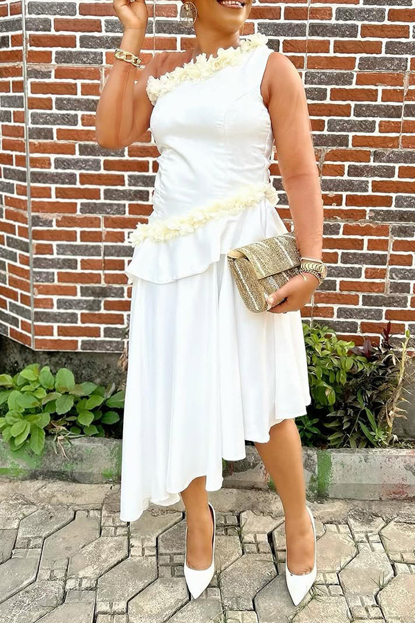 Elegant Guipure Pleated Asymmetrical Hem Midi Dress