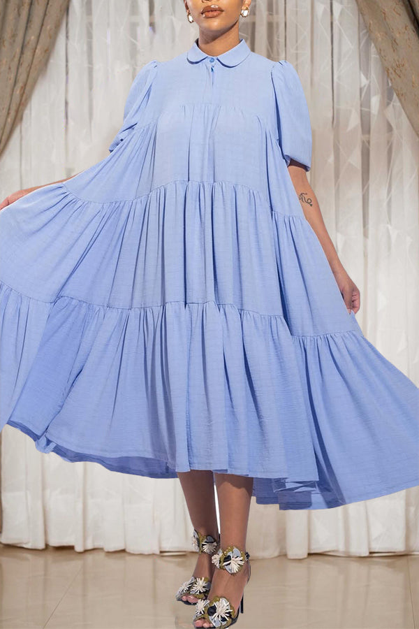 Casual Layered Ruffle Slant Pocket Midi Dress