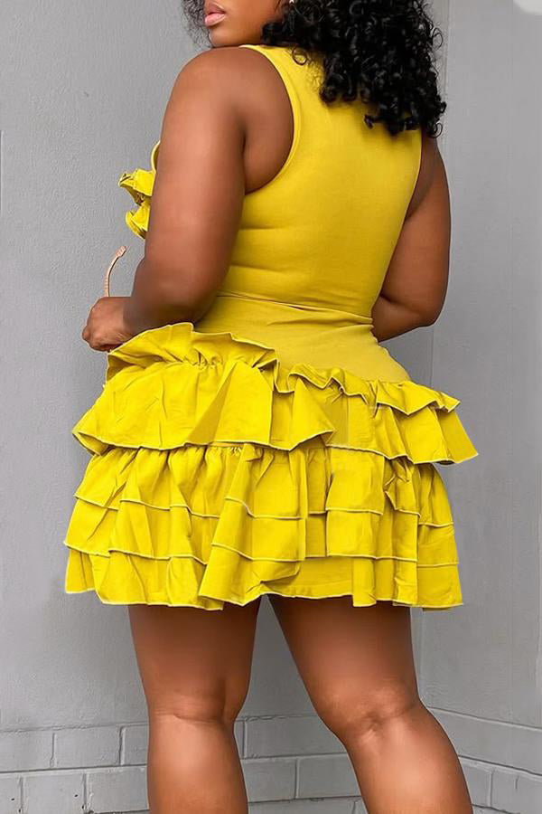 Casual Round Neck Layered Ruffle Mini Dress