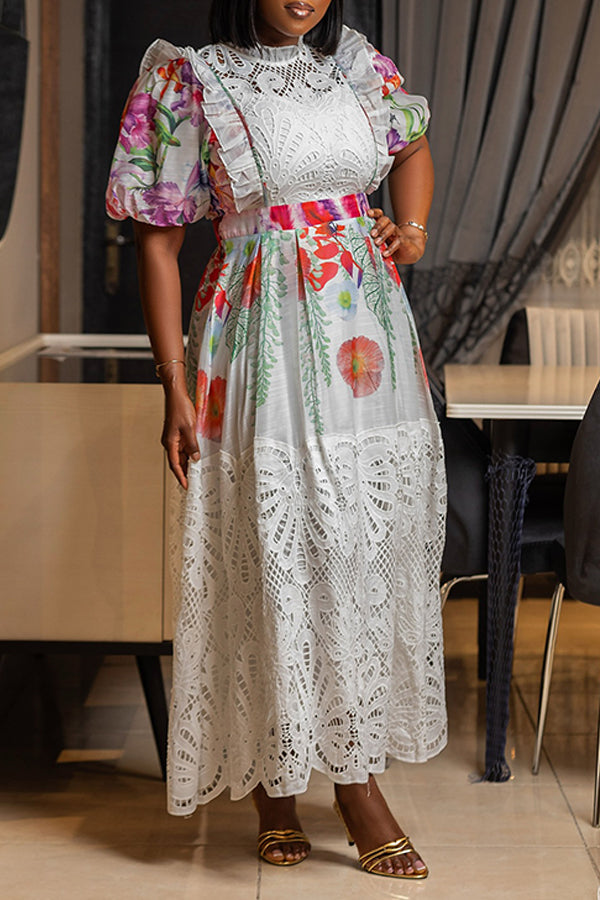 Elegant Lace Panel Botanical Print Maxi Dress