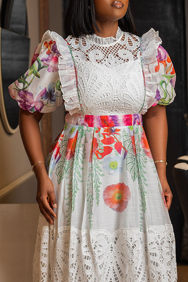 Elegant Lace Panel Botanical Print Maxi Dress