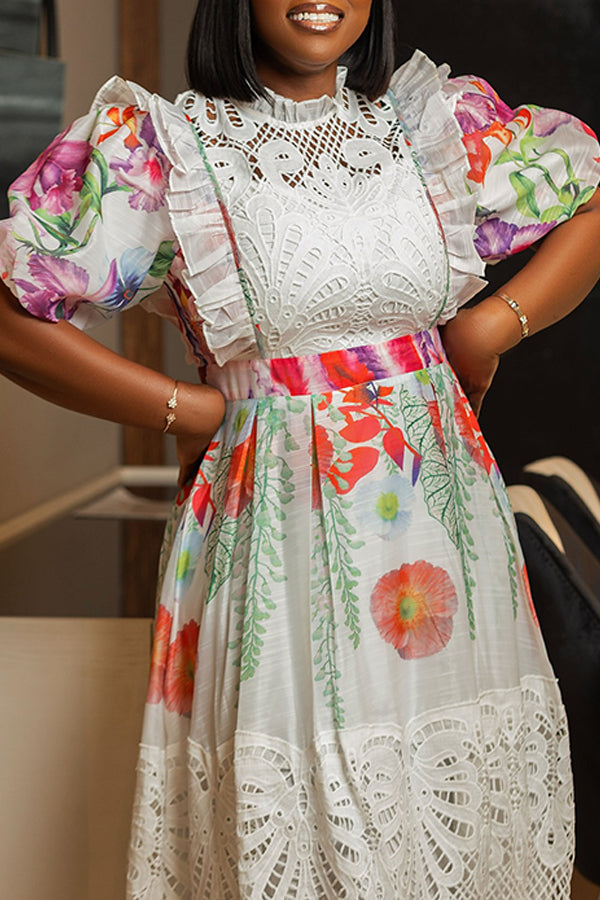 Elegant Lace Panel Botanical Print Maxi Dress