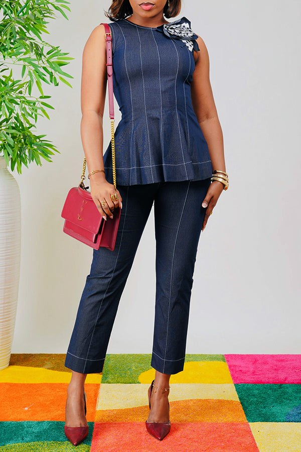 Stylish Round Neck Denim Top & Pants Set